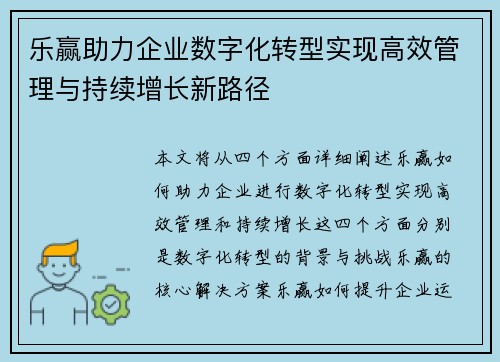 乐赢助力企业数字化转型实现高效管理与持续增长新路径